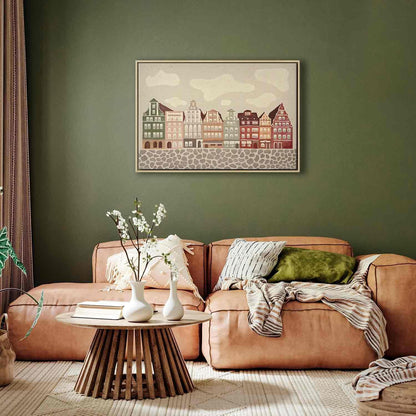 Leinwandbild - Salt Square - Colorful Illustrated Townhouses Against a Cloudy Sky Background