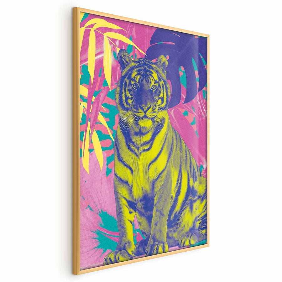 Poster - Colorful Tiger - intense colors of a tiger surrounded by tropical plants Artgeist
