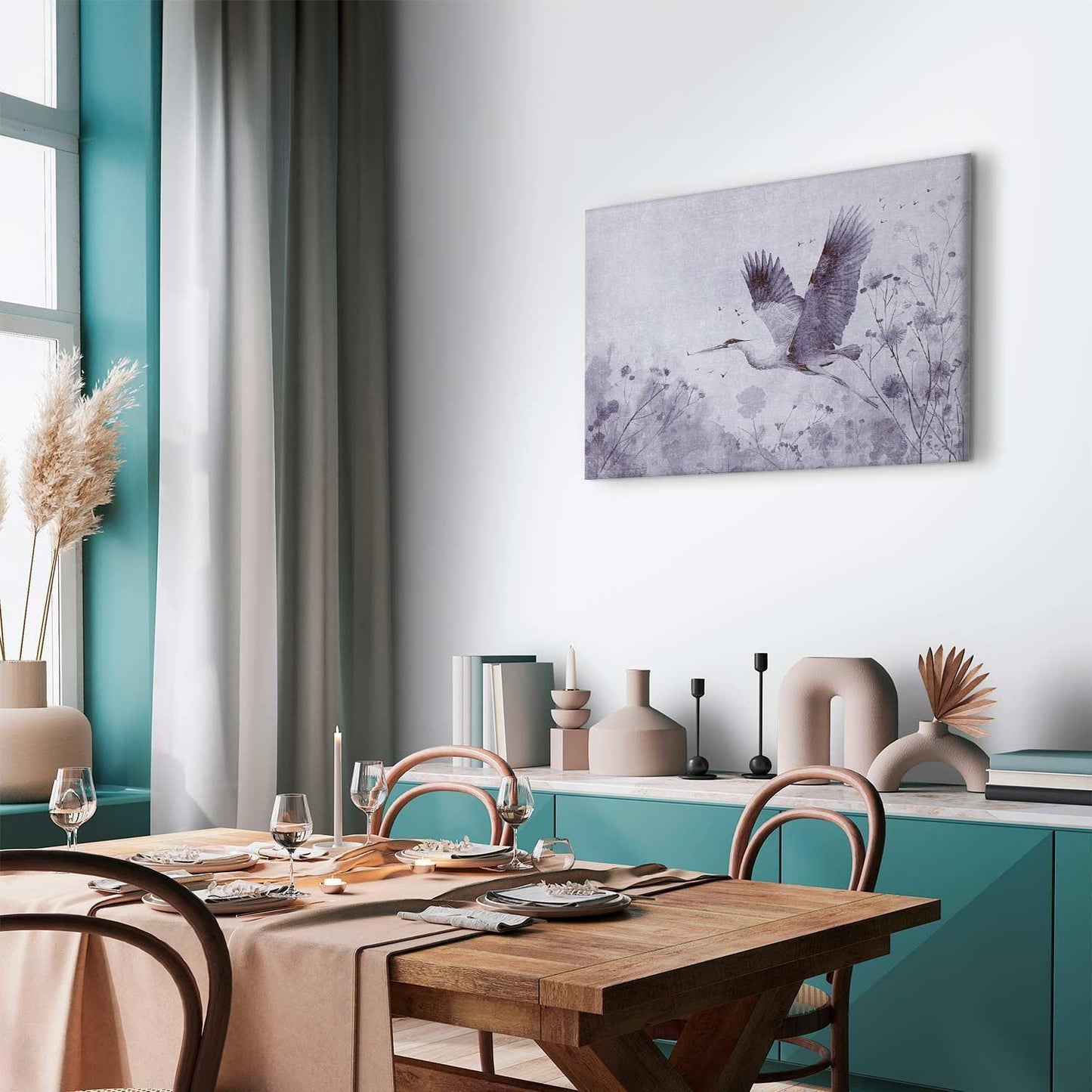 Leinwandbild - Majestic flight - a crane in flight in monochrome