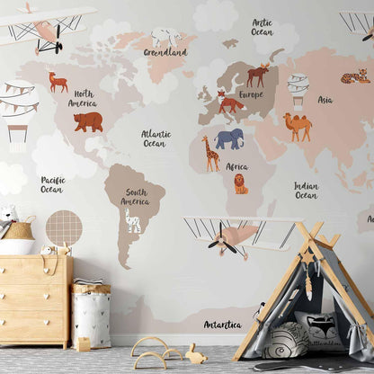 Fototapete - World Map in Beige Tones for Children's Room