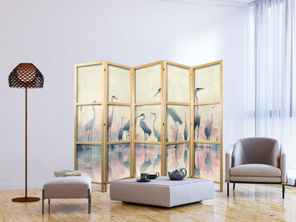Japanischer Paravent - Birds by the lake – herons painted in watercolours in delicate grey and pink colours