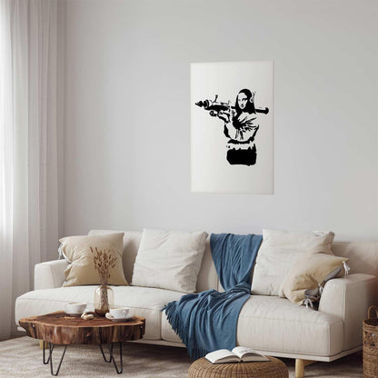 Banksy Mona Lisa with Rocket Launcher poster on living room wall.