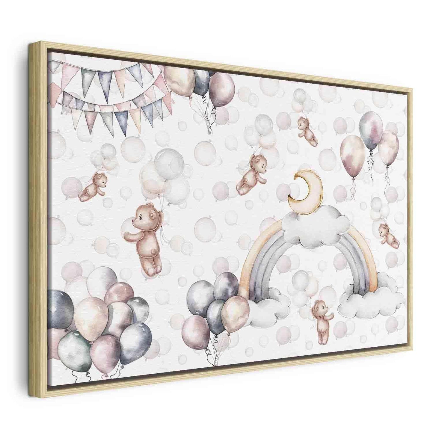 Leinwandbild - Toy Bears with Balloons - Flying Plush Bears Among Balloons Clouds and Rainbows in Subtle Pastel Hues Artgeist