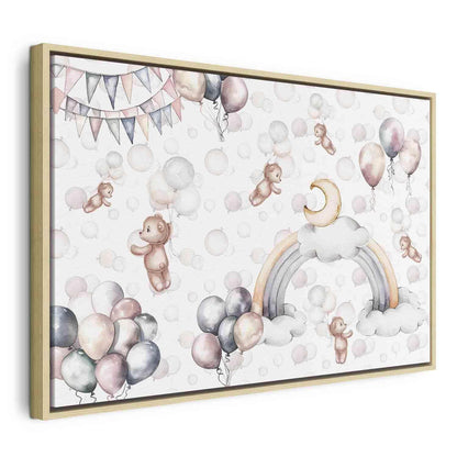 Leinwandbild - Toy Bears with Balloons - Flying Plush Bears Among Balloons Clouds and Rainbows in Subtle Pastel Hues Artgeist