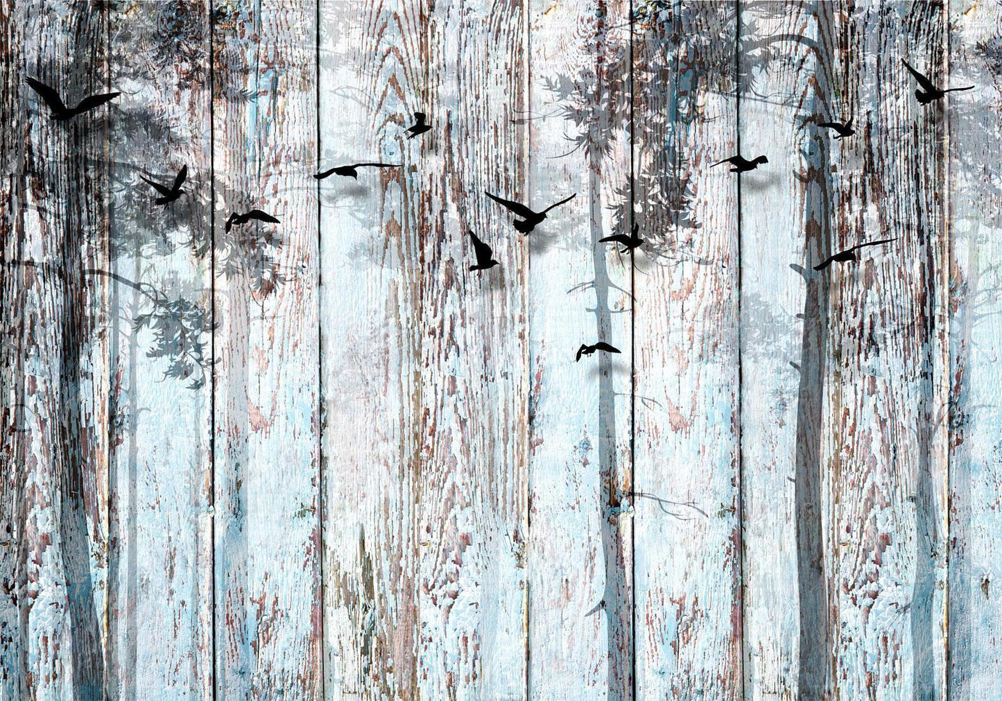 Fototapete „Schatten der Natur“ – Baumkronen & fliegende Vögel in Schwarz-Grau