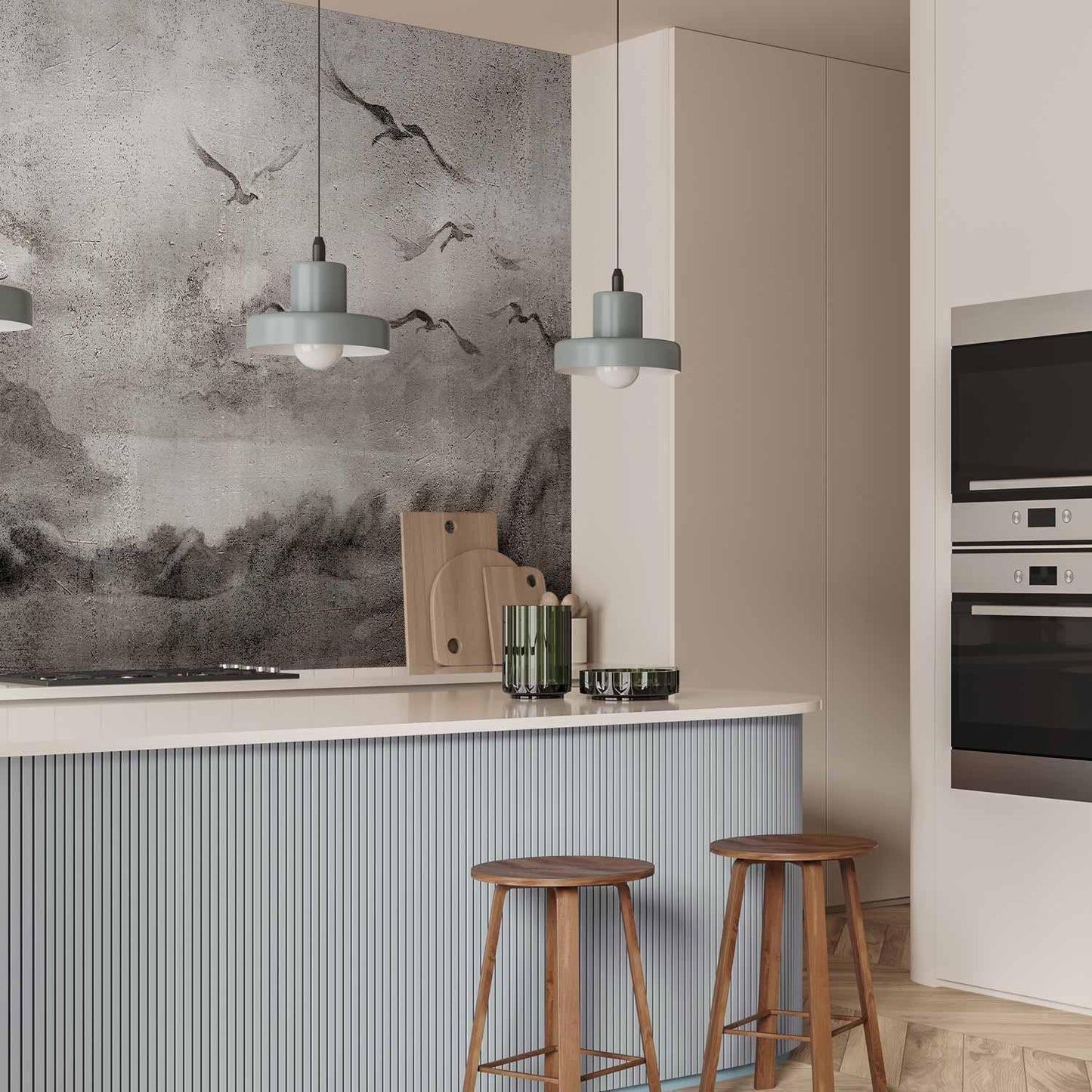 Fototapete - Swan flight - abstract landscape of birds over a lake with texture