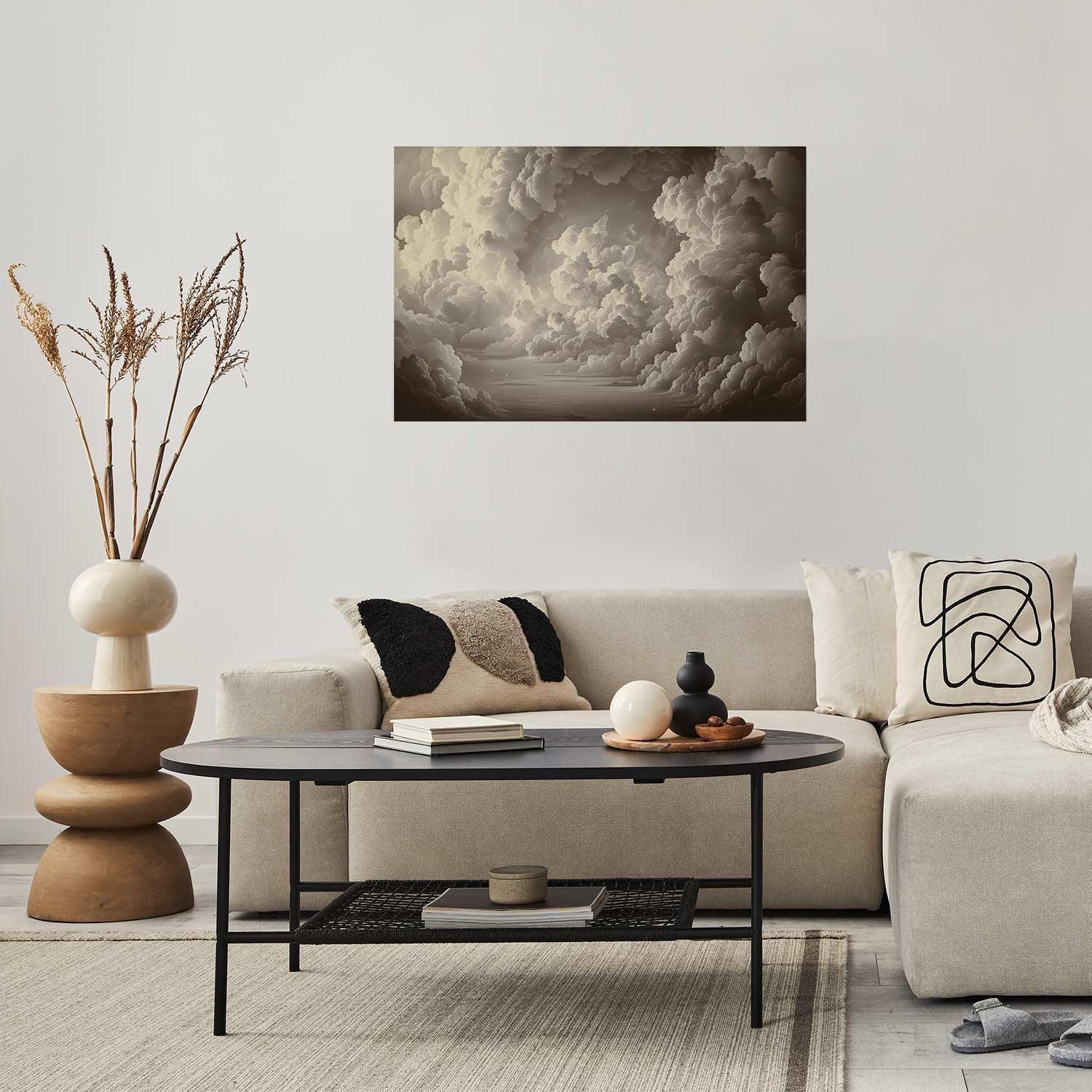 Decorative wall poster featuring illuminated clouds in a soft light sky, enhancing interior design.