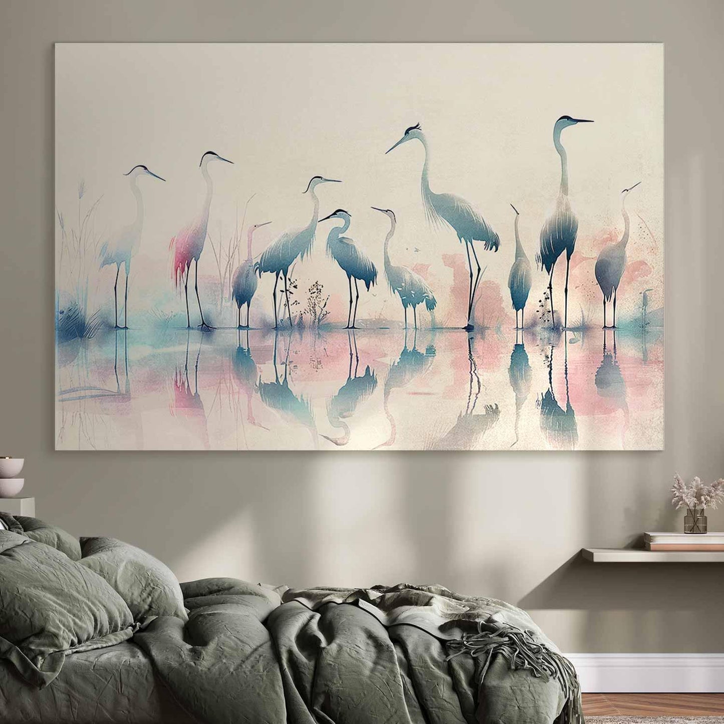 Wandbild XXL - Birds by the lake - herons painted in watercolour in delicate grey and pink colours