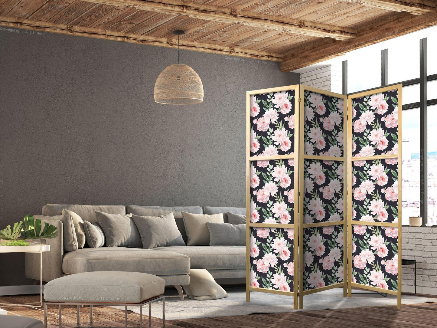 Japanischer Paravent - Peonies - Pink Flowers and Green Leaves on a Graphite Background Artgeist