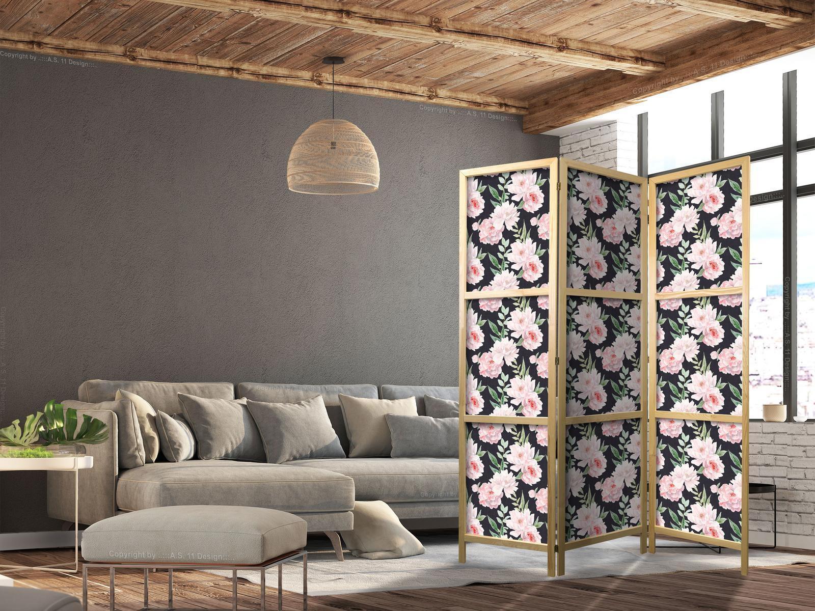Japanischer Paravent - Peonies - Pink Flowers and Green Leaves on a Graphite Background Artgeist