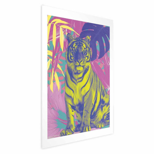 Poster - Colorful Tiger - intense colors of a tiger surrounded by tropical plants Artgeist