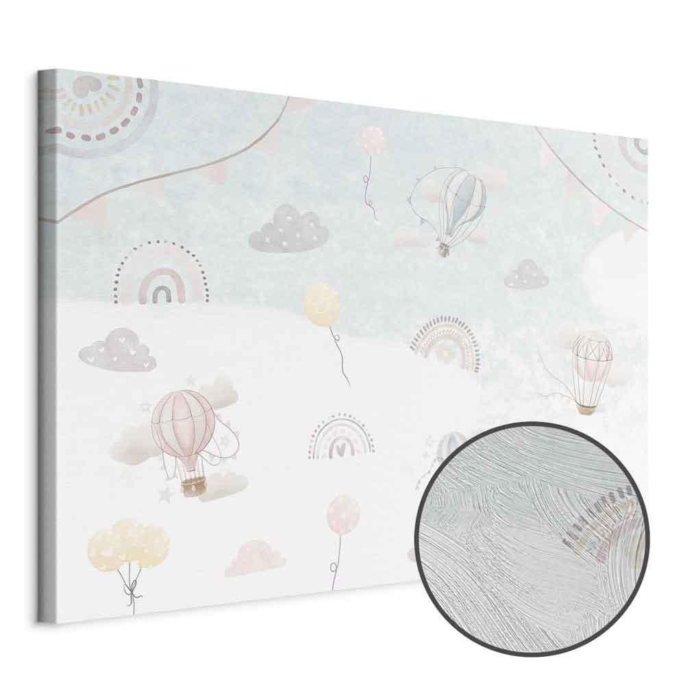 Leinwandbild - Sky with Balloons - Balloons in Subdued Colors Flying in the Sky Among Clouds Rainbows and Stars