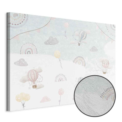 Leinwandbild - Sky with Balloons - Balloons in Subdued Colors Flying in the Sky Among Clouds Rainbows and Stars