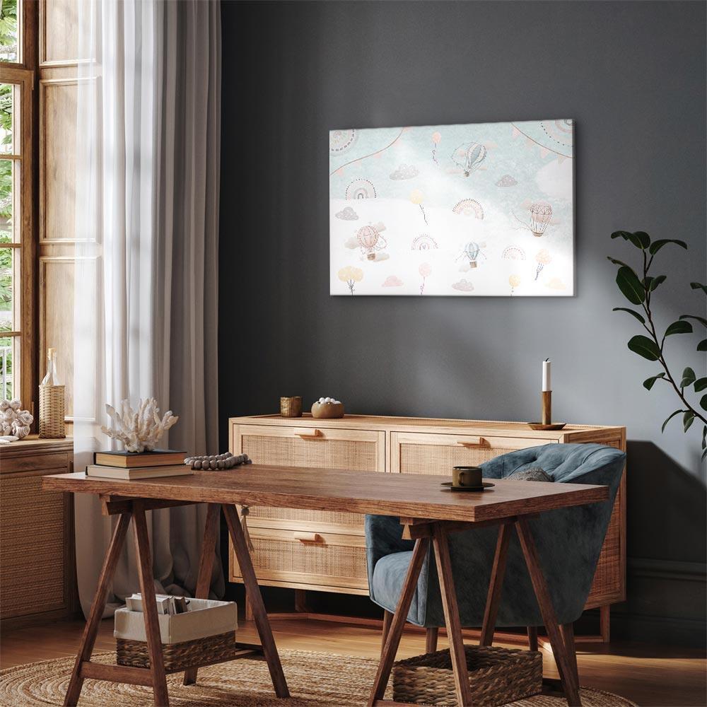 Leinwandbild - Sky with Balloons - Balloons in Subdued Colors Flying in the Sky Among Clouds Rainbows and Stars