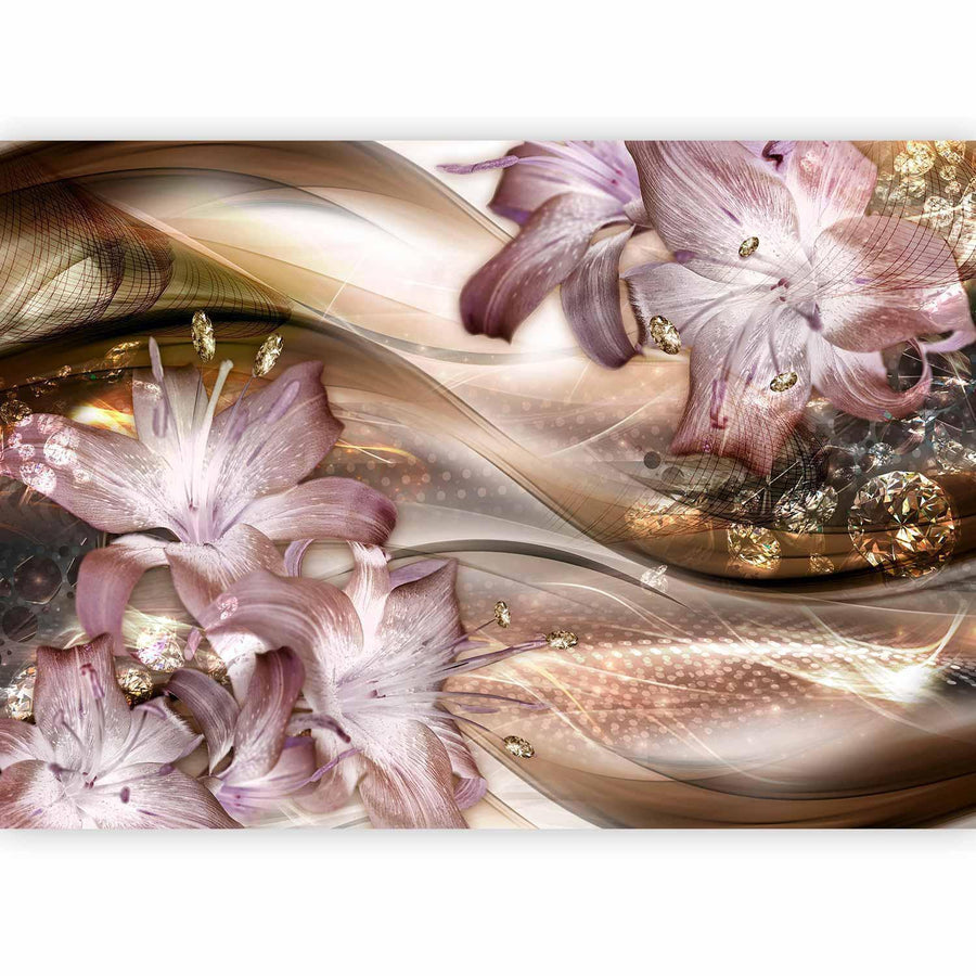 Fototapete Lilien auf der Welle – Braun | Elegante Blüten in Bewegung