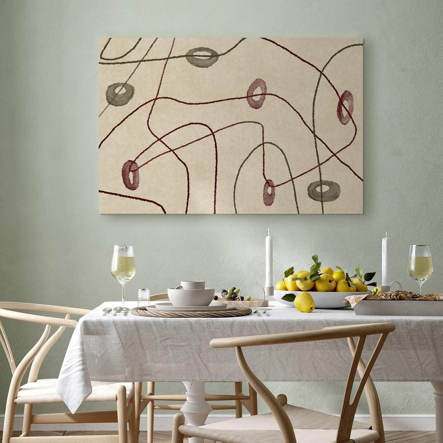 Leinwandbild - Lines and shapes – bead labyrinth on a pale washed background