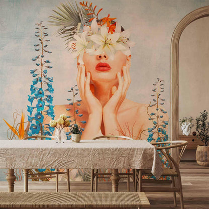 Fototapete - Nature in thought - female figure among flowers on a patterned background Artgeist