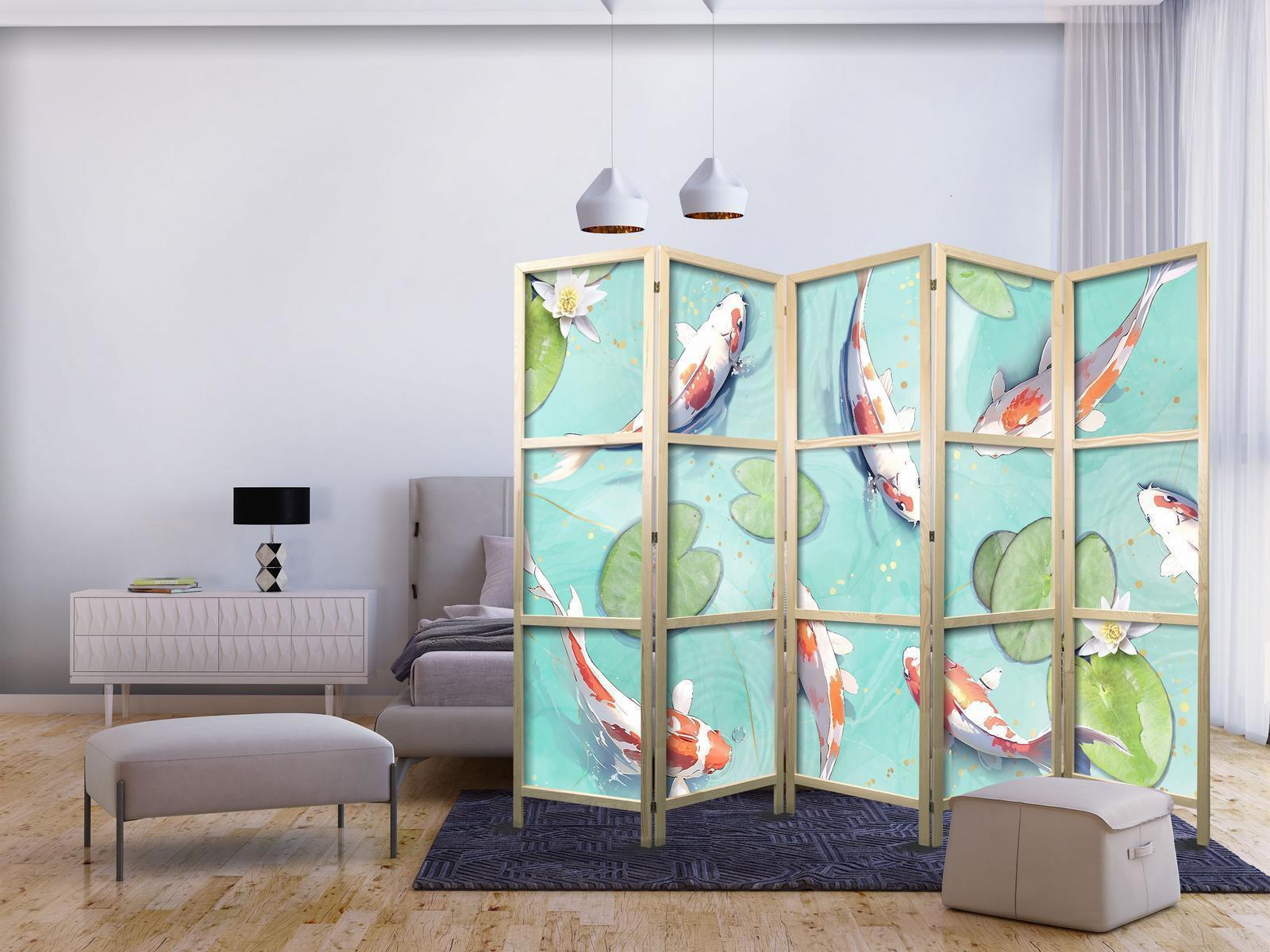 Japanischer Paravent - Spectacular Fish - White-Orange Koi Fish Swimming in Crystal Clear Water with Water Lilies Artgeist