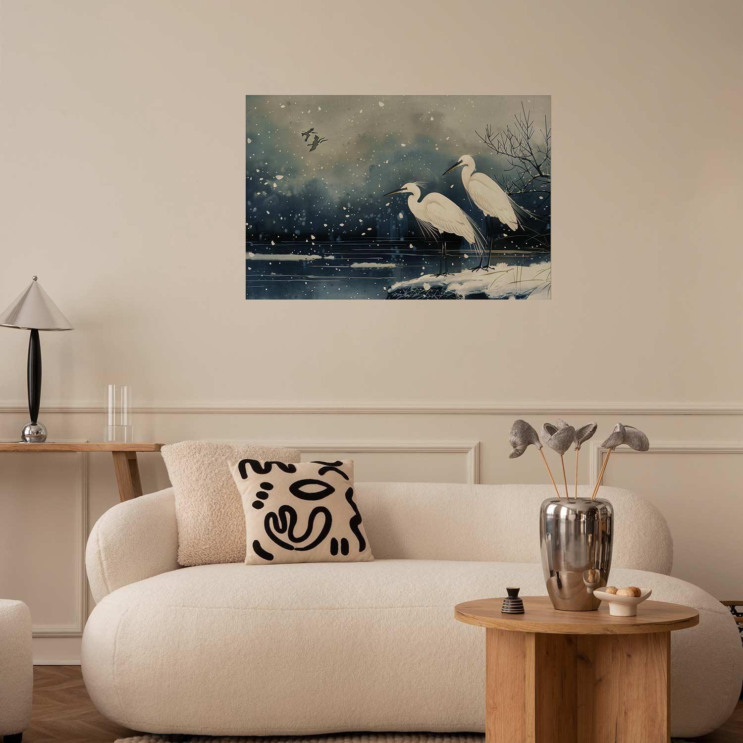 Poster - Herons over a Winter Pond - illustration in the Japanese style in dark colors Artgeist