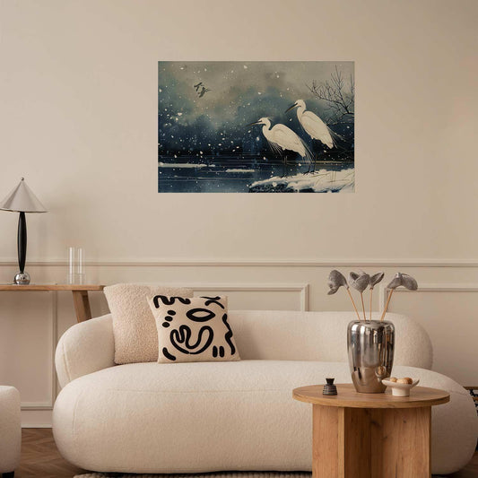Poster - Herons over a Winter Pond - illustration in the Japanese style in dark colors Artgeist