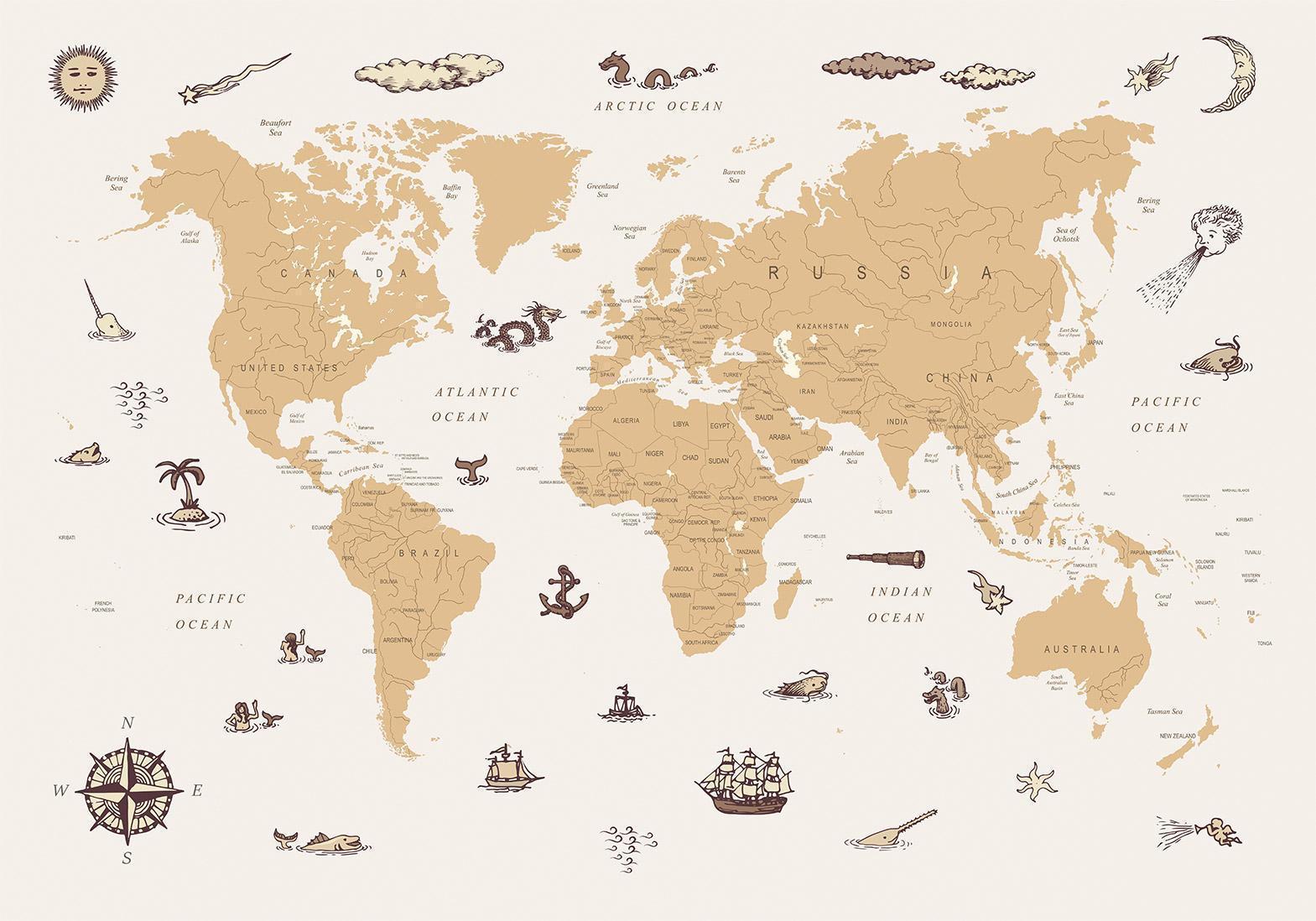Fototapete - Sea Wolf Map - Countries With Pirate Illustrations Artgeist