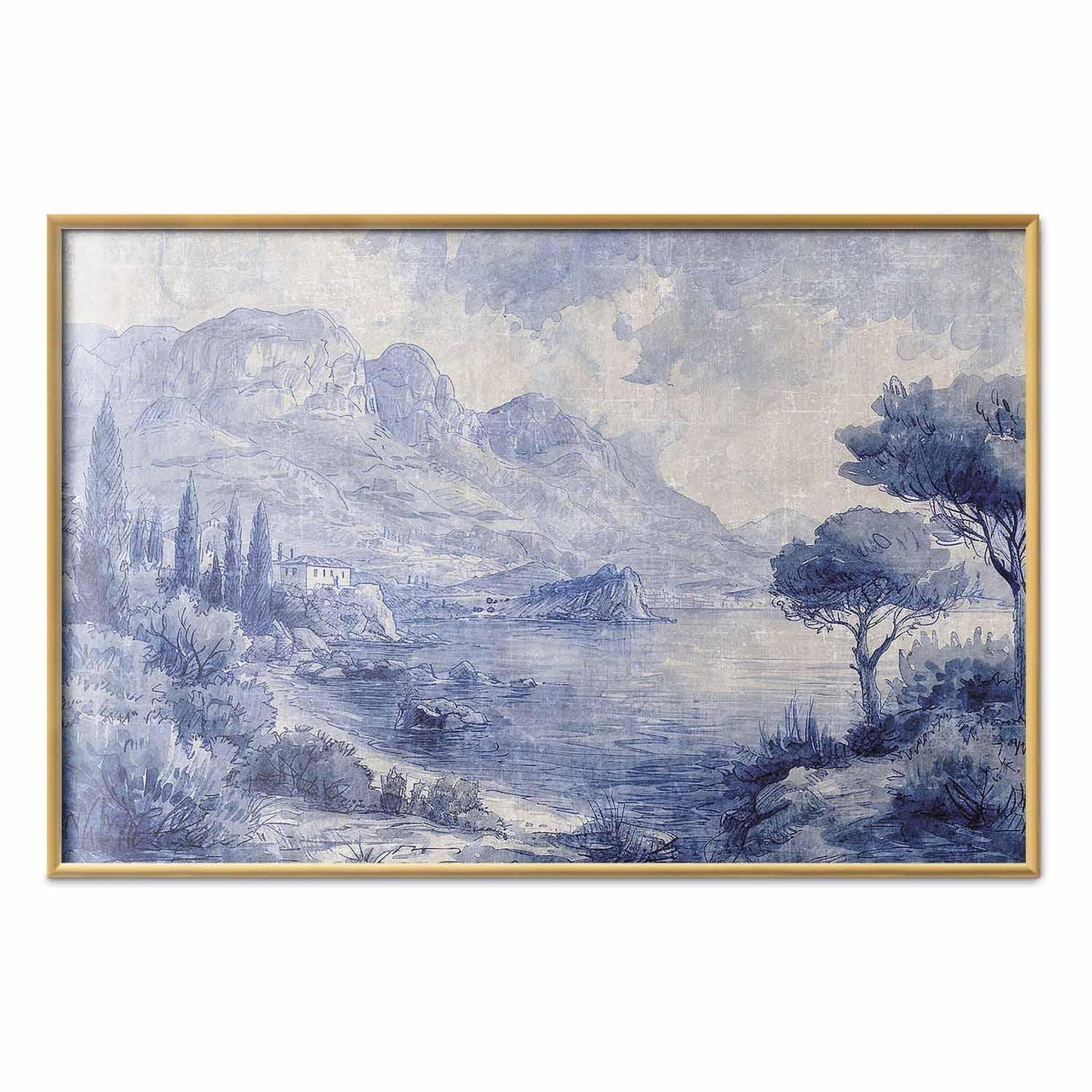 Poster - Blue Bay - Italian Landscape of Lake Como Painted in Blue Ink