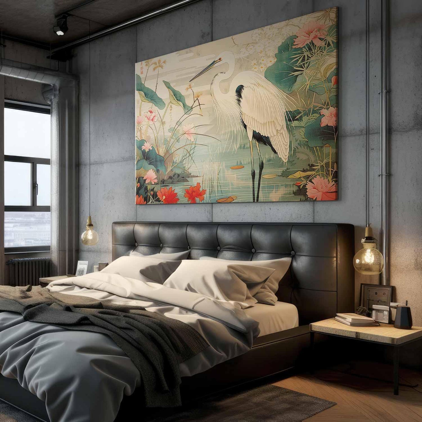 Wandbild XXL - By an Asian pond - an illustration in the style of a Japanese engraving, depicting a heron