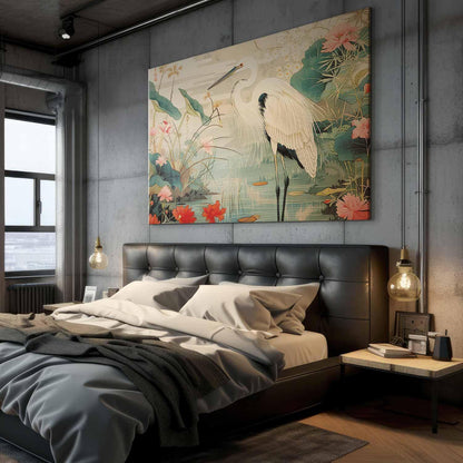 Wandbild XXL - By an Asian pond - an illustration in the style of a Japanese engraving, depicting a heron