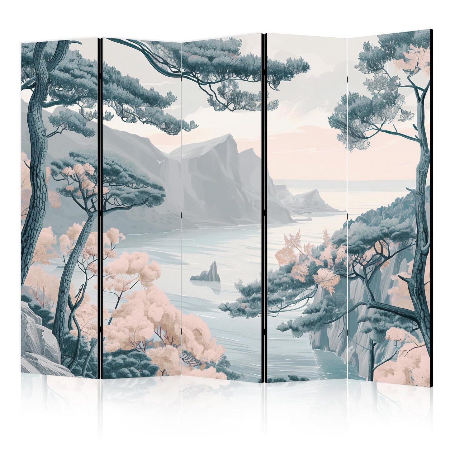 Paravent - Mountainous Coast with Trees and Rocks - in Light Pastel Blues Artgeist