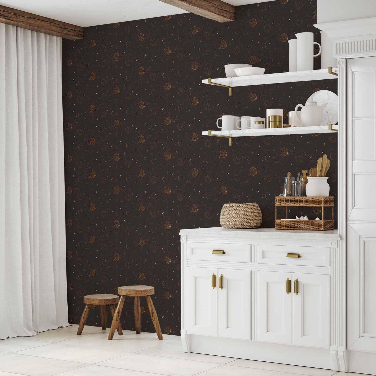 Tapete - Night Sky - Artistic Composition of Suns and Planets on a Black Background