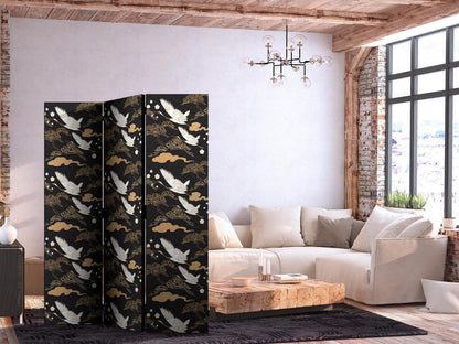 Paravent - Oriental impressions - decorative pattern with a motif of flying cranes on a dark background