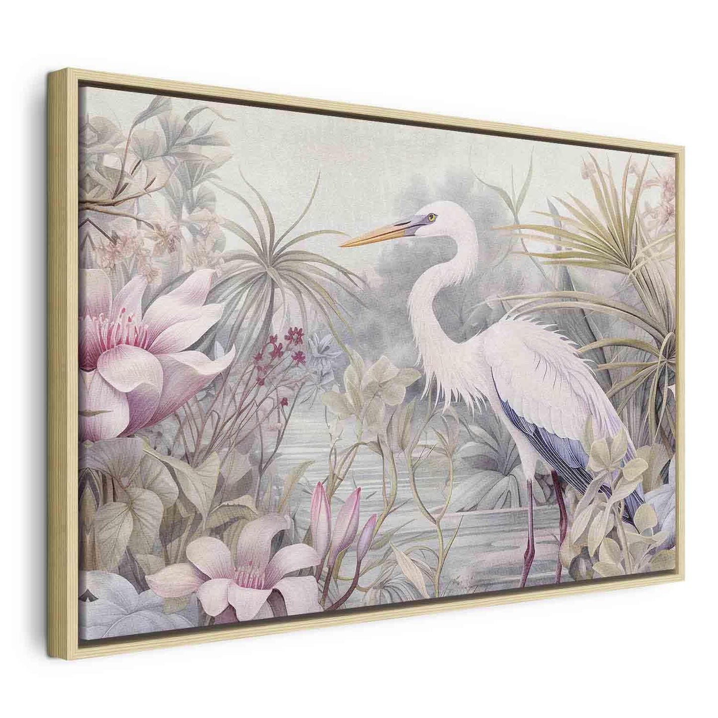 Leinwandbild - Heron wading in a pond - illustration in bright colours