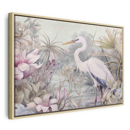 Leinwandbild - Heron wading in a pond - illustration in bright colours