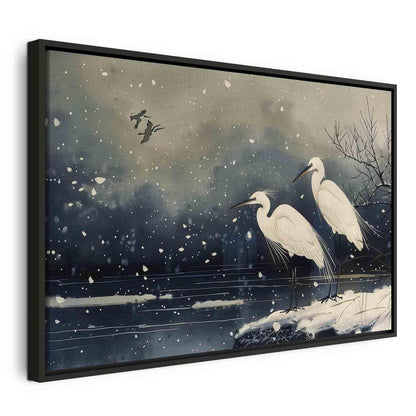 Leinwandbild - Herons over a winter pond - Japanese-style illustration in dark colours