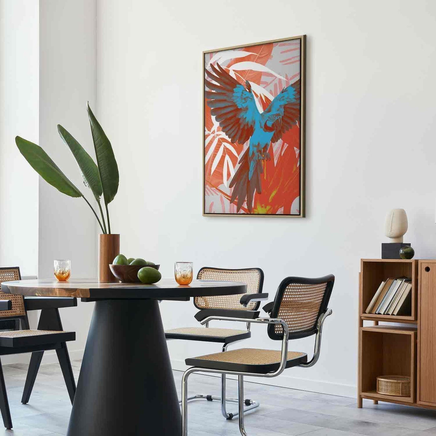 Leinwandbild - Exotic Wings - Parrot Among Abstract Leaf Patterns