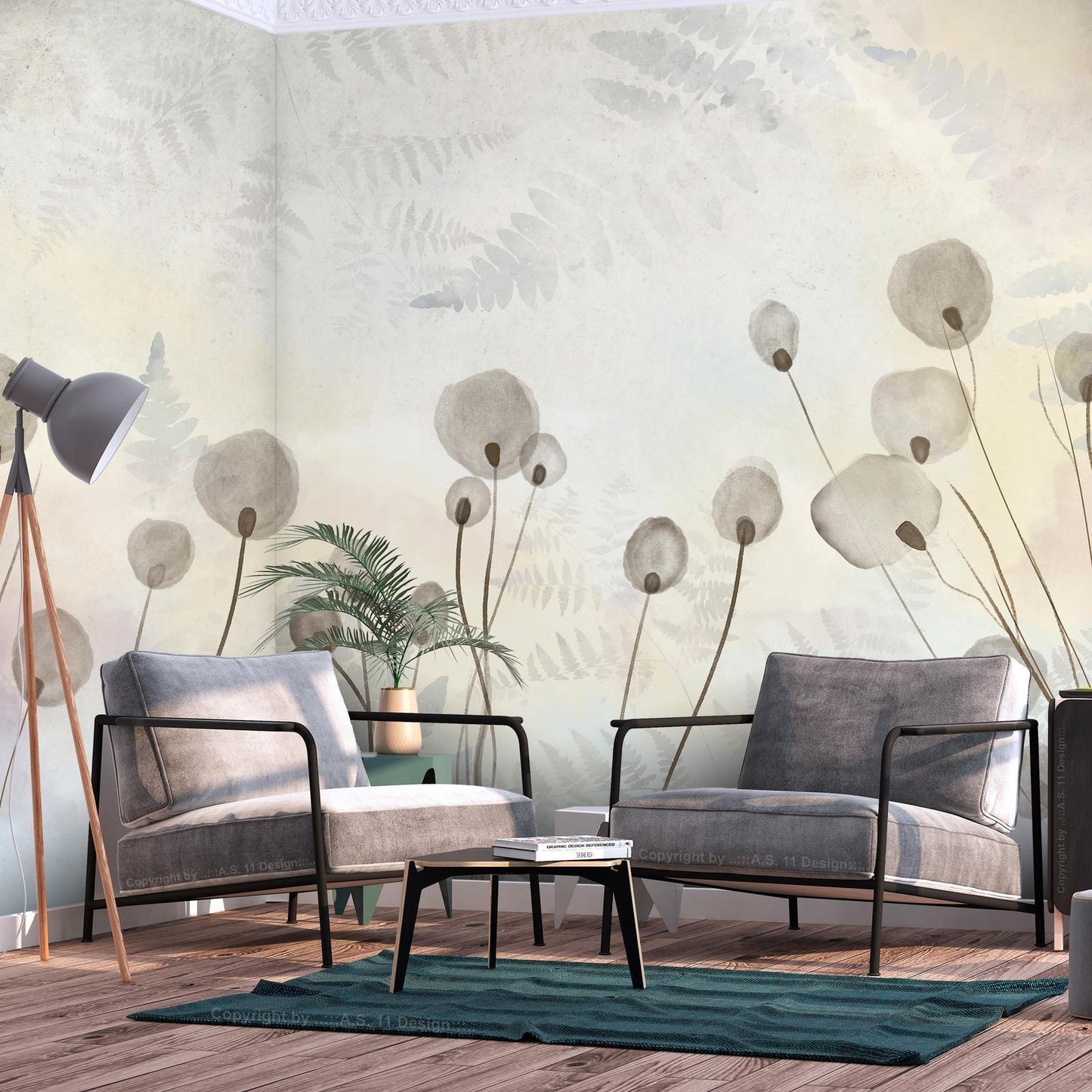 Fototapete - Minimalist meadow - floral motif in light shades with reflections Artgeist