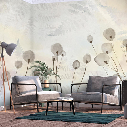 Fototapete - Minimalist meadow - floral motif in light shades with reflections Artgeist