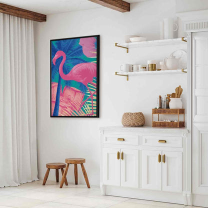 Leinwandbild - Pink Flamingo - Abstract Flamingo Against Palms and Ice Cubes