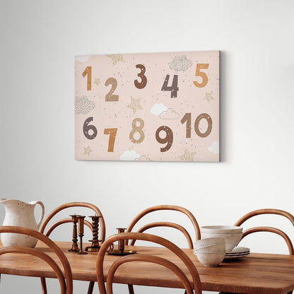 Leinwandbild - Jumping Numbers - Numbers in a Subdued Beige-Brown Hue Among Snowflakes Stars and Clouds