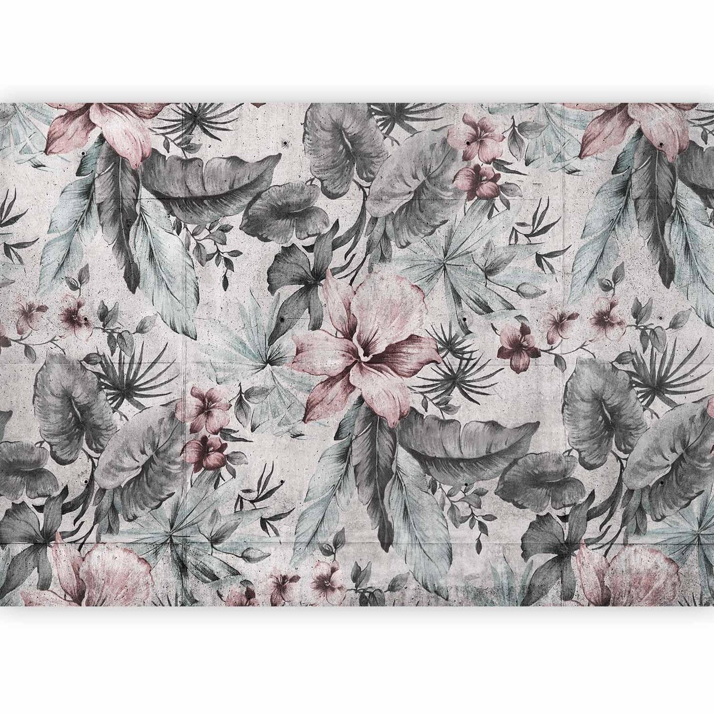 Fototapete - Natur im Retro-Stil – Landschaft mit Blättern und Blumen in Grautönen