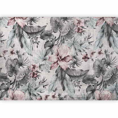 Fototapete - Natur im Retro-Stil – Landschaft mit Blättern und Blumen in Grautönen