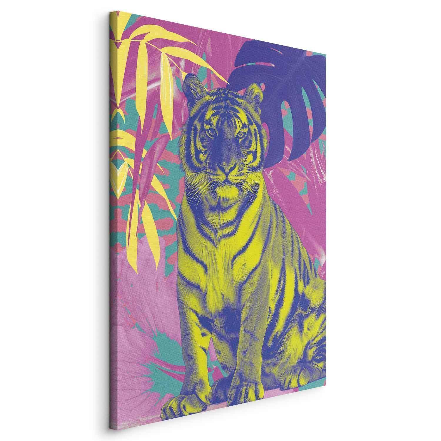 Leinwandbild - Colorful Tiger - Intense Colors of a Tiger Surrounded by Tropical Plants Artgeist