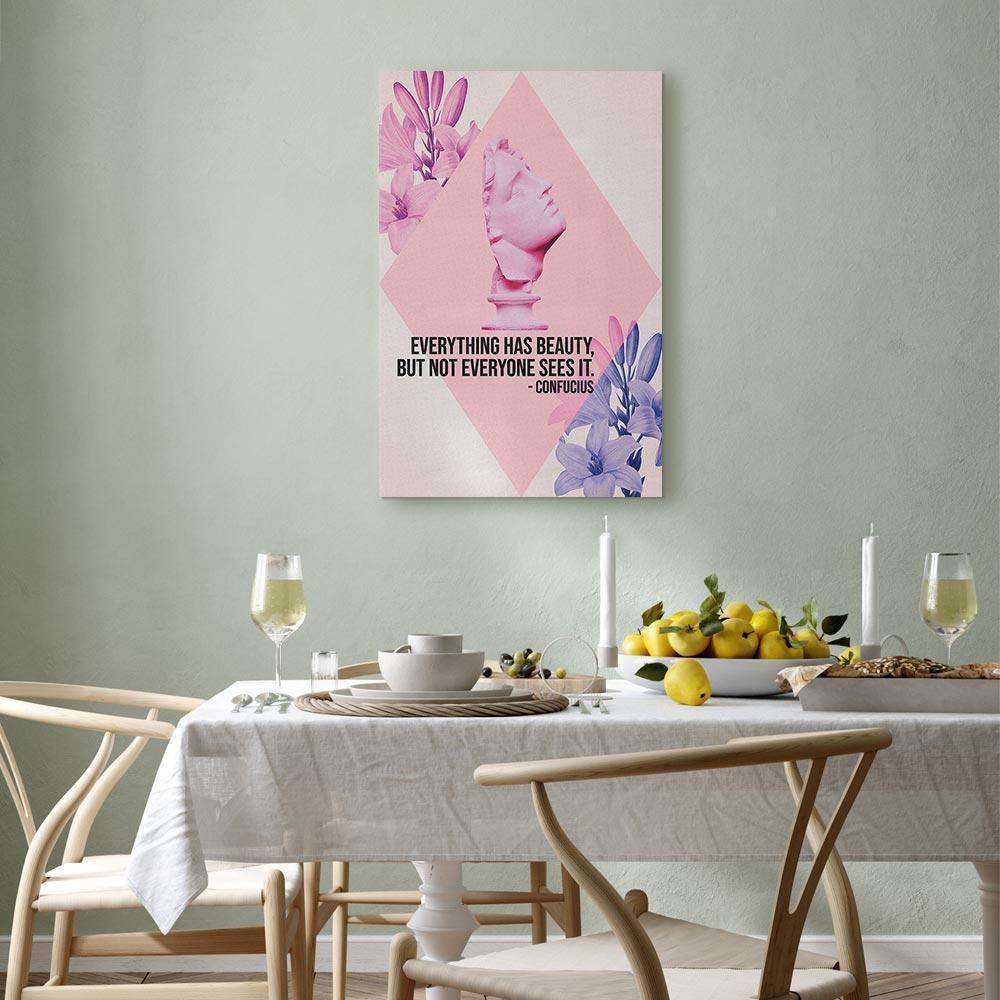 Leinwandbild - Beauty in the Eyes - Inspirational Quote with Pink Bust and Flowers