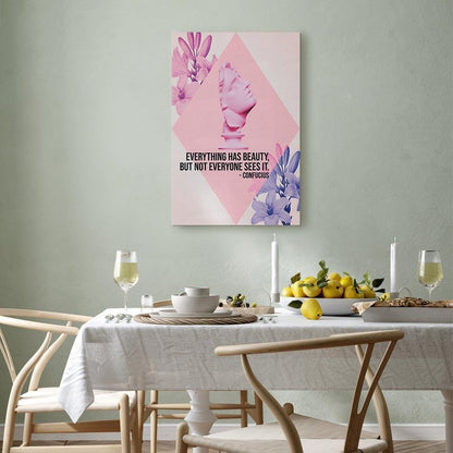 Leinwandbild - Beauty in the Eyes - Inspirational Quote with Pink Bust and Flowers