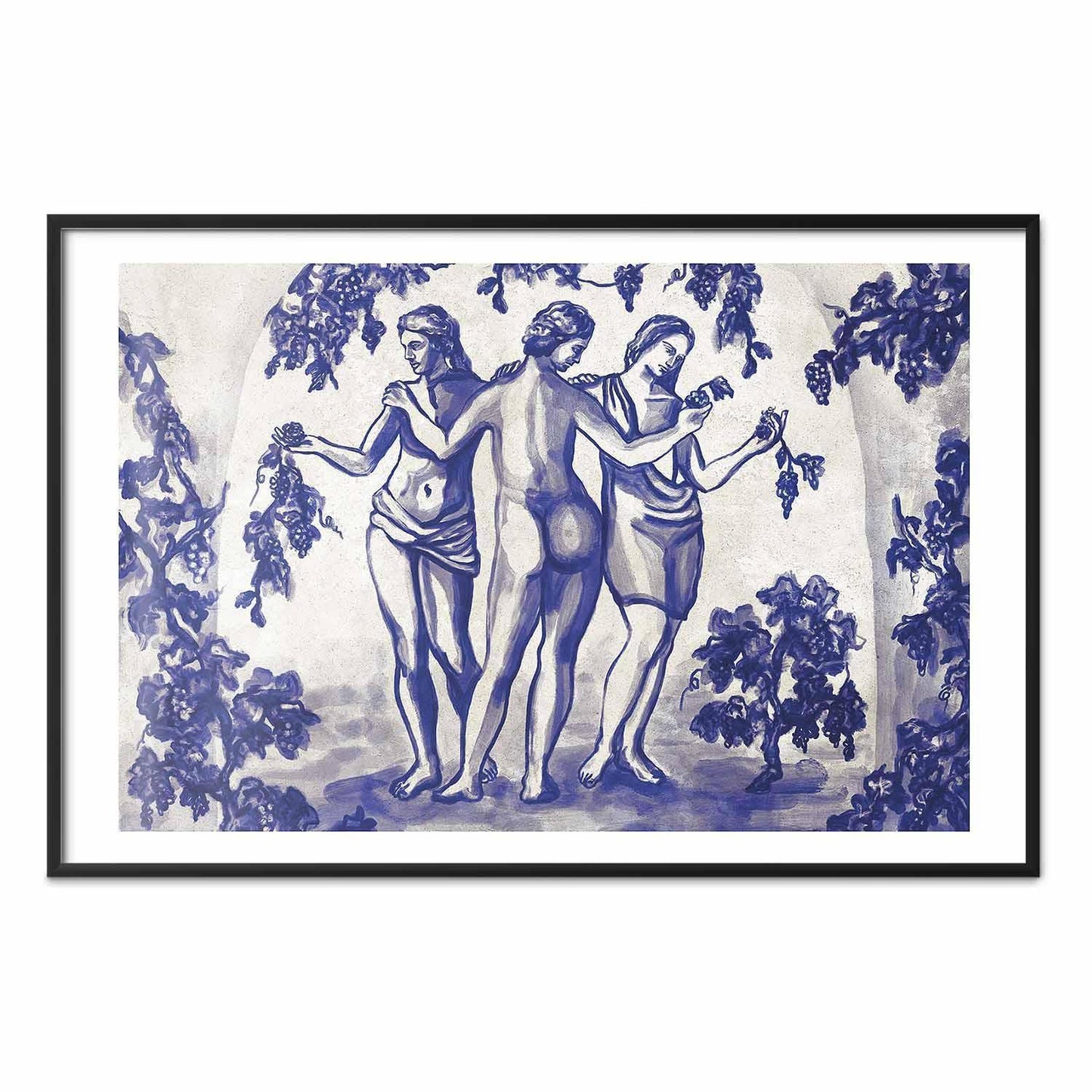 Poster - Ancient Vineyard - three women in a portal painted in blue ink