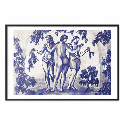 Poster - Ancient Vineyard - three women in a portal painted in blue ink
