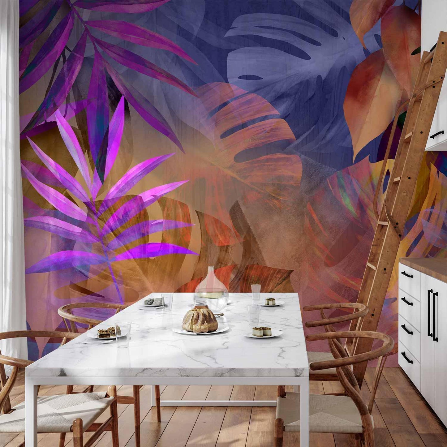 Farbenfrohe Tropische Tapete - Blätter Design Wohnzimmer - Sawelt