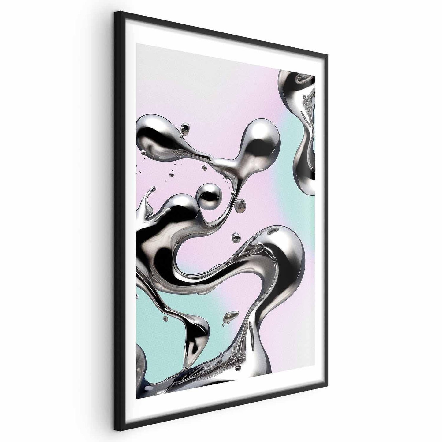 Poster - Metallic Fluidity - abstract silver forms on a mint-purple background Artgeist