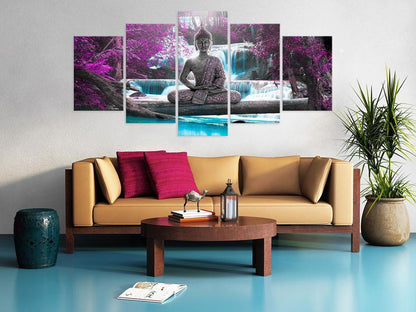 Leinwandbild „Wasserfall und Buddha“ – Zen-Moment für dein Zuhause