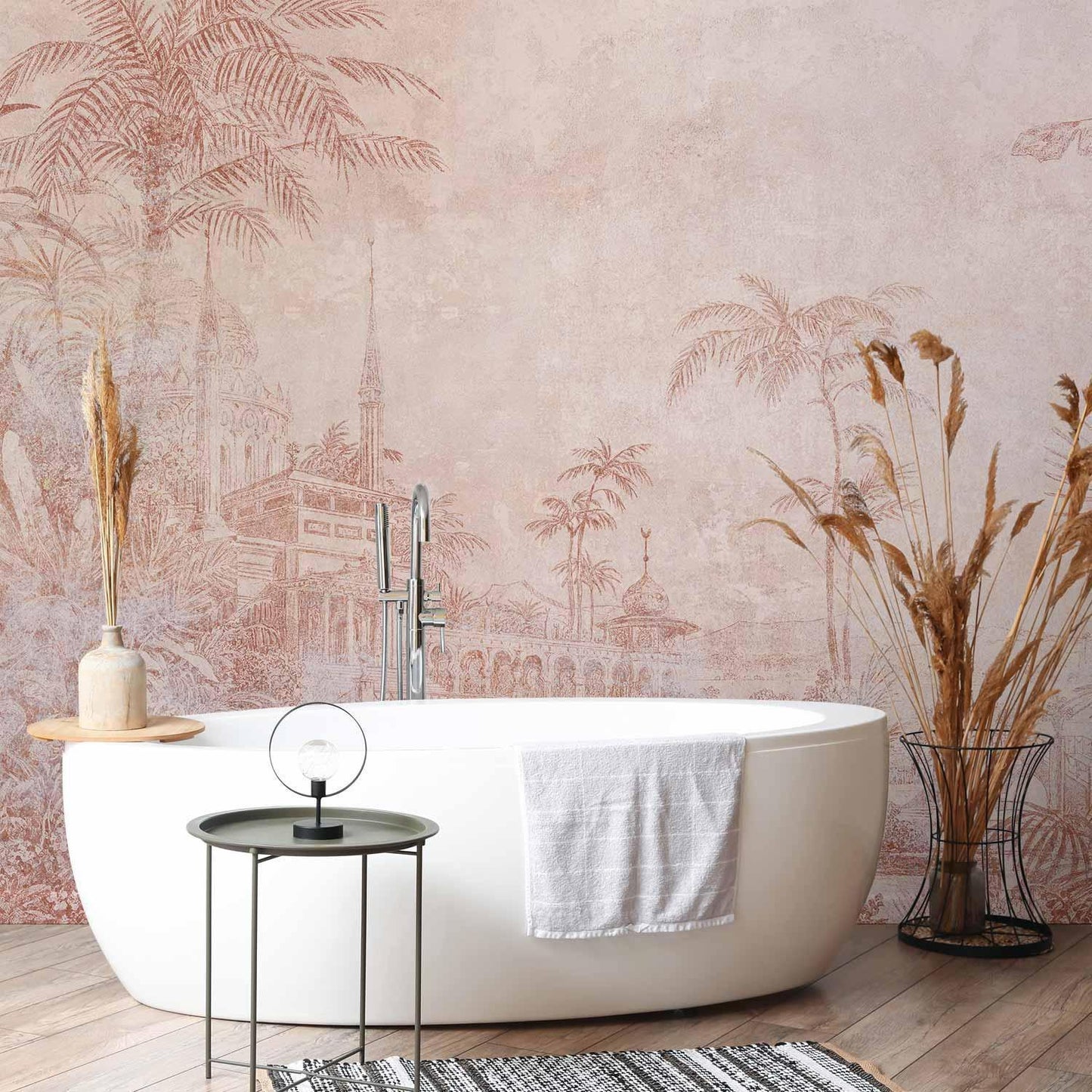 Fototapete - Landscape with temple - engraving of Indian architecture with palm trees